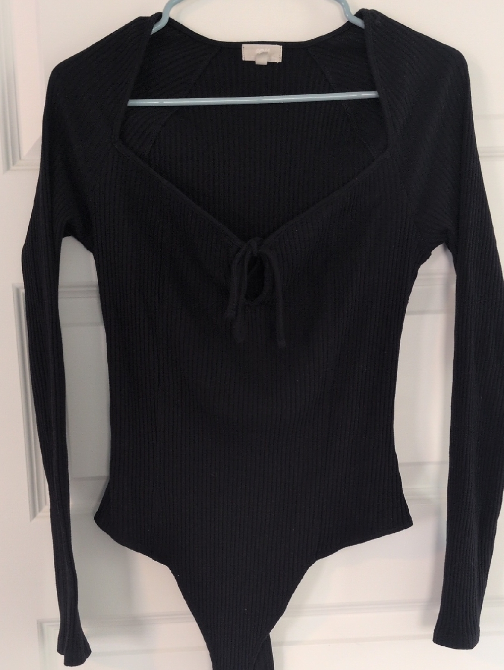 aerie Black Ribbed Long-Sleeve Tie-Front Bodysuit